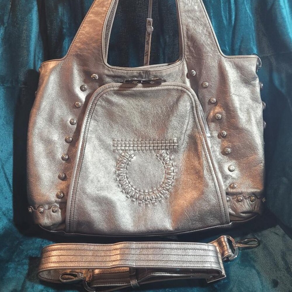 Salvatore Ferragamo-Metallic Leather UNIQUE Studded Hobo w/ Removable Strap